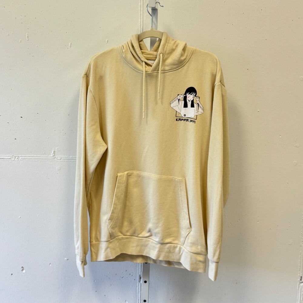 Kappa JPN Anime Girl Graphic Hoodie Cream Yellow Mens Large Streetwear Hoodie